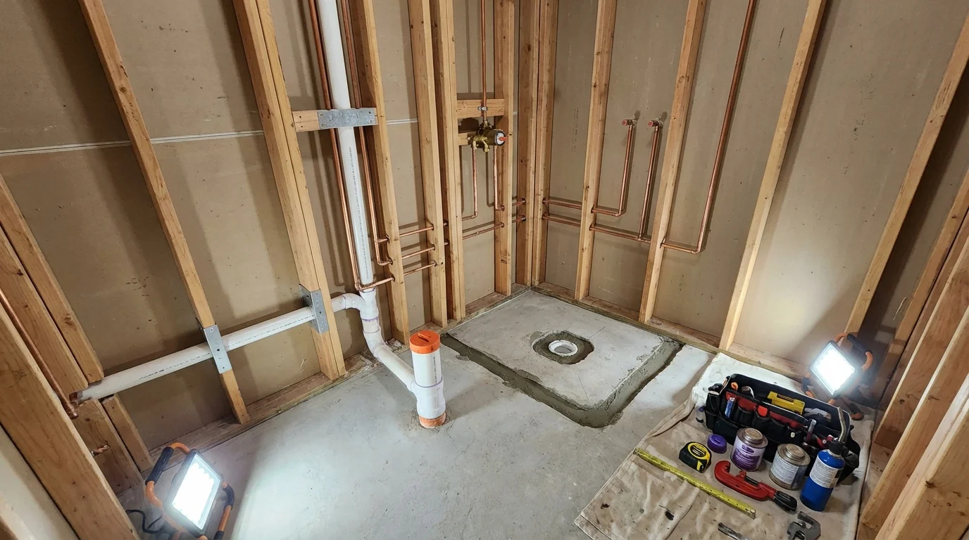 Bathroom rough-in plumbing during remodel by Johns Plumbing LLC in Boutte