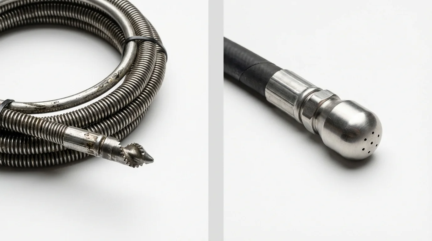 Drain snake cable and hydro jetting nozzle used for drain cleaning in Boutte, LA