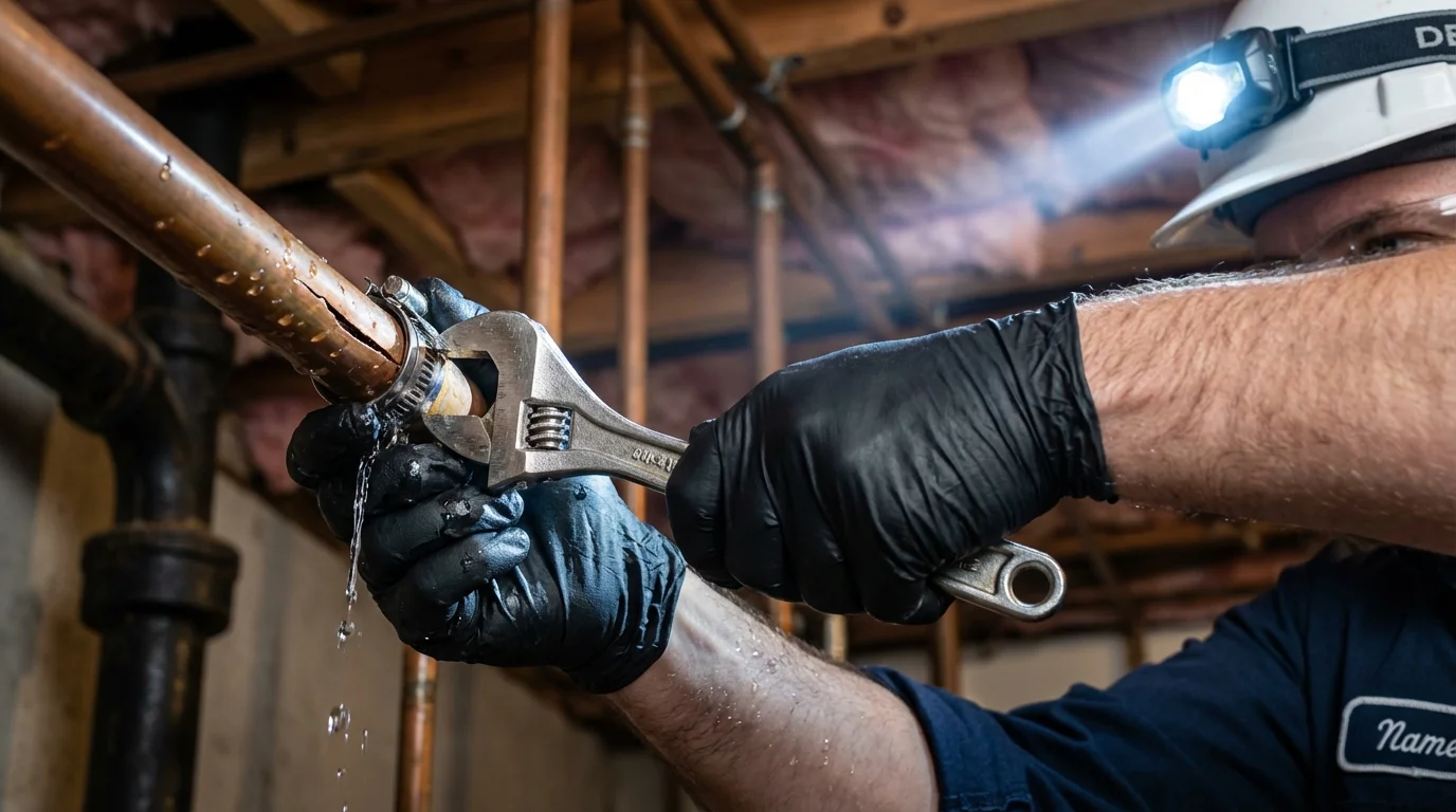 Emergency pipe clamp repair being performed by a Johns Plumbing LLC plumber in Boutte