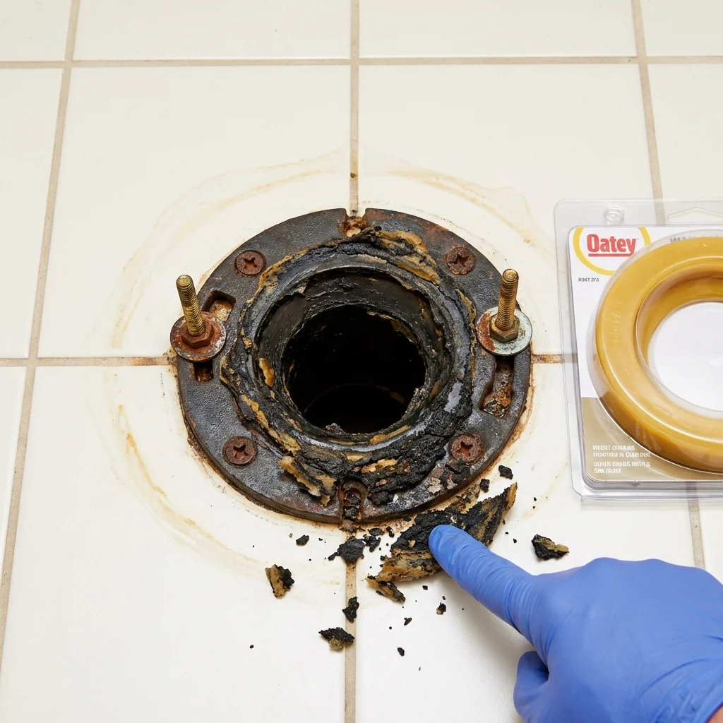 Failed wax ring showing water seepage at the base of a toilet in a Boutte, LA home