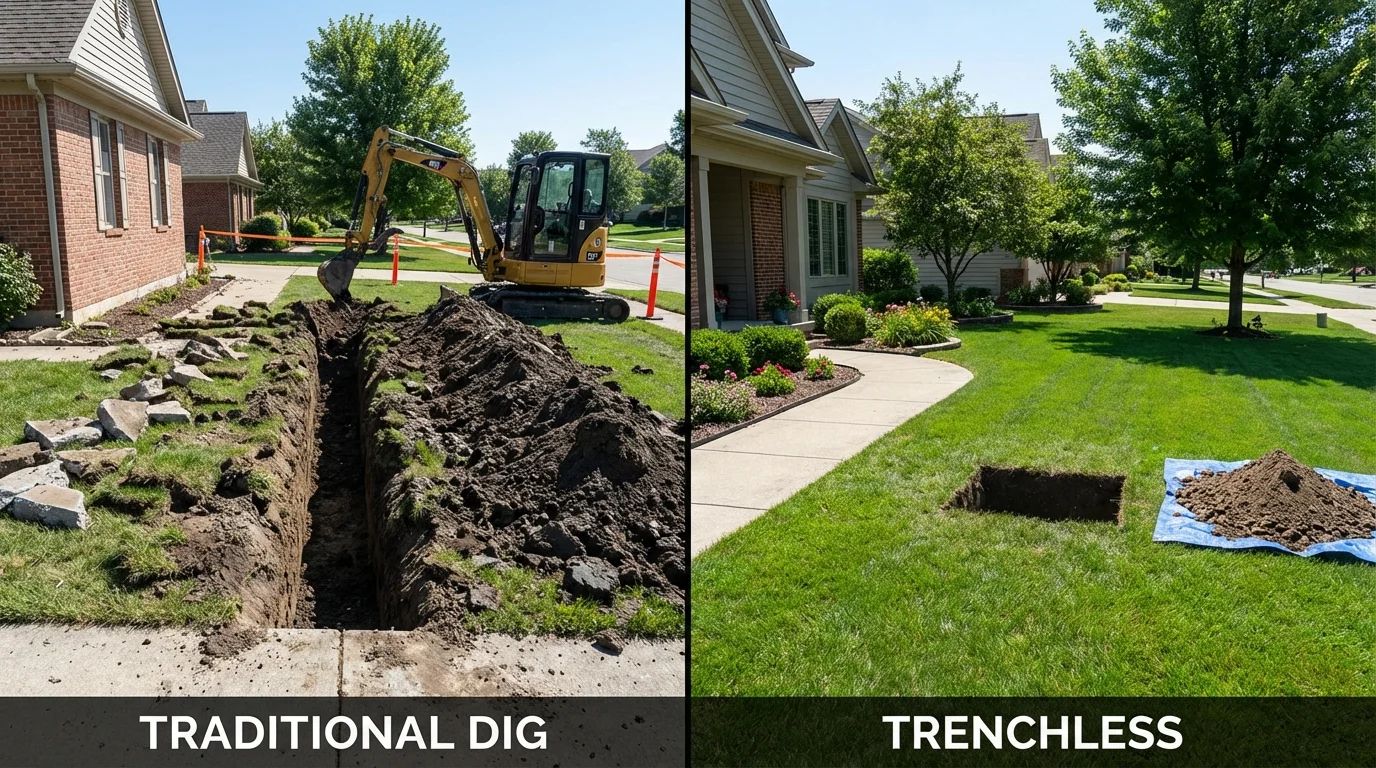 Trenchless sewer repair with minimal yard damage versus traditional excavation in Boutte, LA
