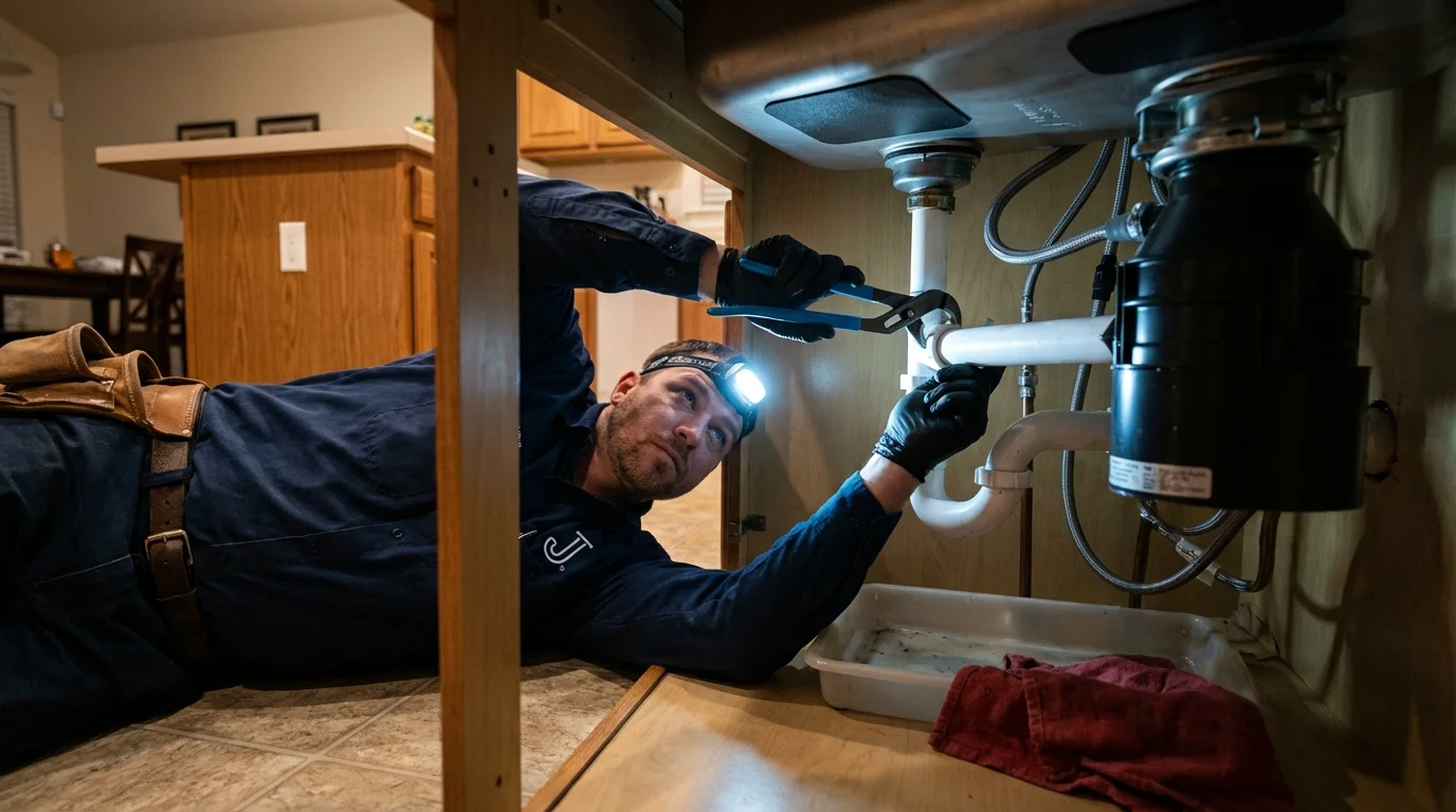 P-trap and supply line connections under a kitchen sink showing a common leak point in Boutte, LA